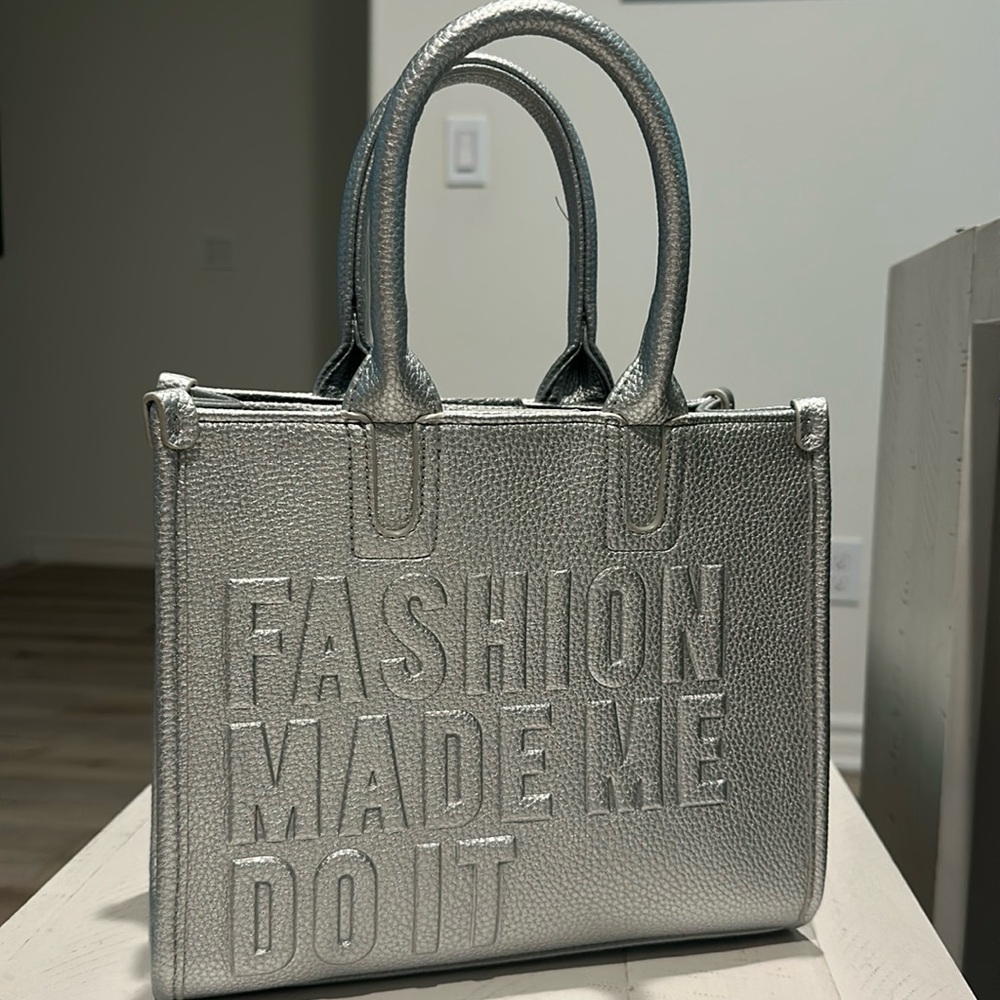 Silver Leather Tote with Embossed Design and Gold Hardware